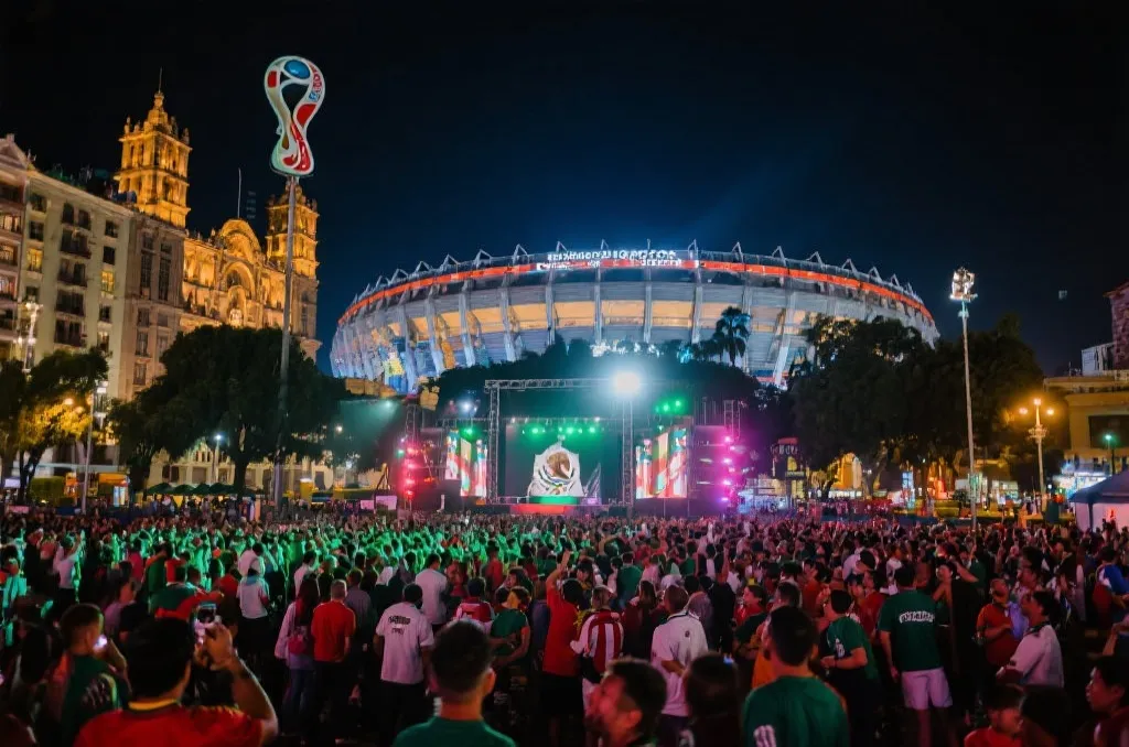 墨西哥世界杯主办城市与球场夜景,球迷聚集在城市广场,灯光与热烈氛围交织