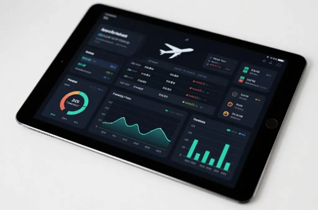 A modern sports analytics dashboard on a tablet showing flight schedules and fatigue index charts